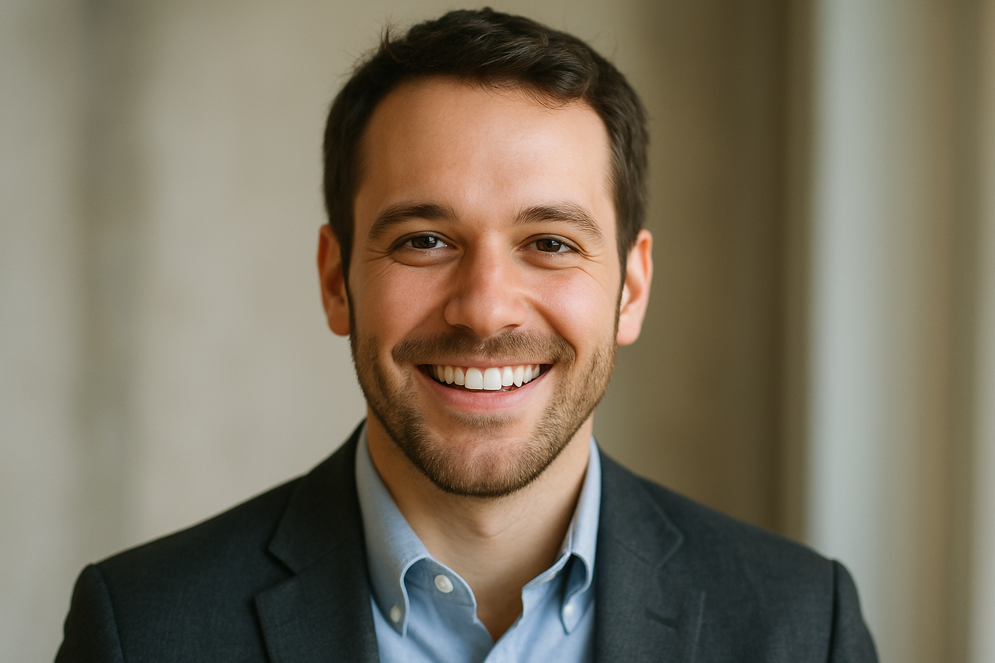 american man in his early 30s smiling brightly