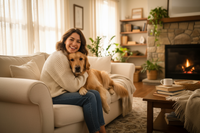 young woman in her mid 20s hugging her dog and smiling at the camera. She is at home.